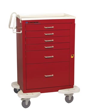 C-630-B-1R Lakeside Mfg. Cart, 6 Drawer, Drawer Configuration: (4) 3 in. , (1) 6 in. , (1) 12 in. , Breakaway Lock, 46 1/4 in. H x 25 in. D x 32 in. W, Solid Red Questions & Answers